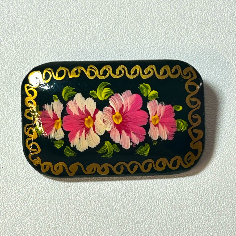 Vintage Russian Rectangular Floral Lacquer Brooch… - image 3